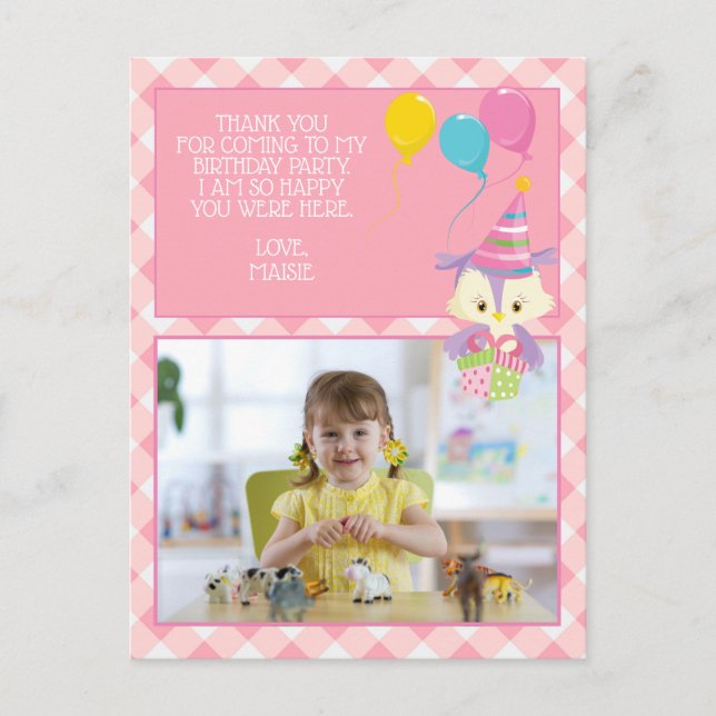 Carte Postale Cute Owl rose En vichy Merci d'anniversaire de l'e (Devant)