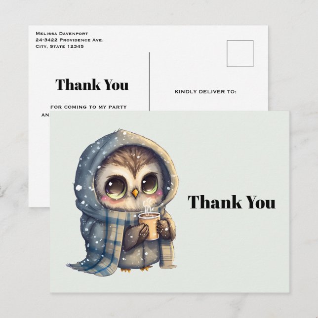 Carte Postale Cute Owl tenant un Merci de café (Devant / Derrière)