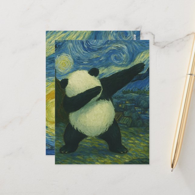 Carte Postale Cute Panda Bear - Van Gogh Style - Starry Night  (Devant/Arrière en situation)