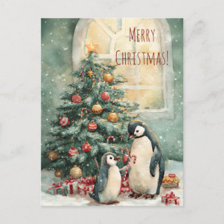 Carte Postale Cute penguins decorates Christmas tree, Christmas 