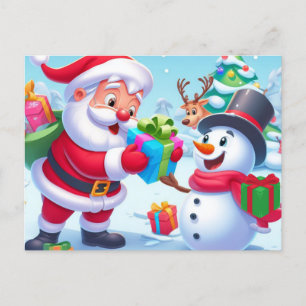 Carte Postale Cute Père Noël et Snowman