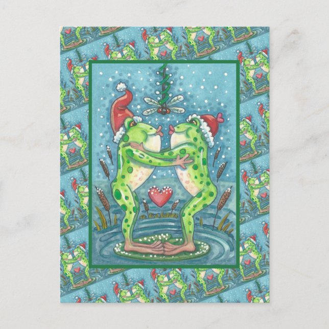 CARTE POSTALE CUTE PÈRE NOËL FROGS KISSING SOUS DRAGONFLY MISTLE (Devant)
