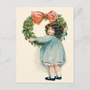 Carte Postale Cute Petite Fille Holly Wreath Pink Bow
