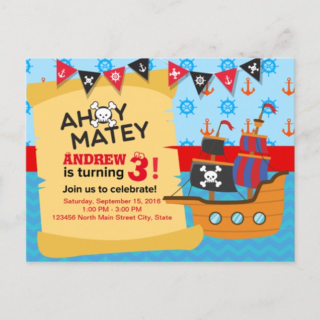 Carte Postale Cute Pirate bateau buny Baby boy Anniversaire (Devant)