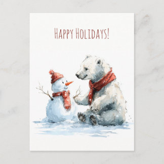 Carte Postale Cute polar bear build a snowman, Christmas 