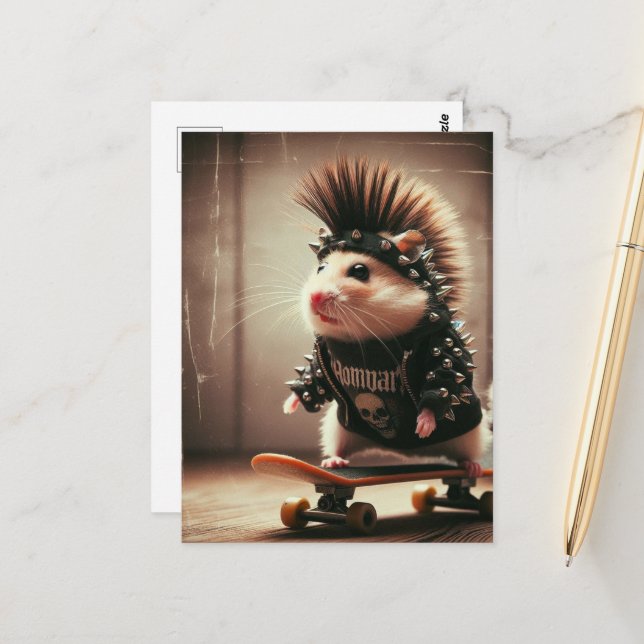 Carte Postale Cute Punk Rock Skateboard Hamster années 1980 (Devant/Arrière en situation)