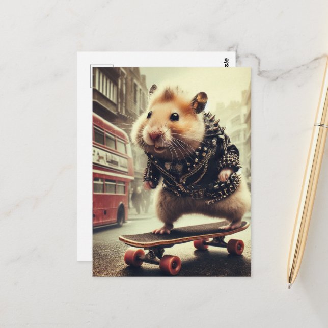 Carte Postale Cute Punk Skateboard Hamster Doubledecker Bus (Devant/Arrière en situation)