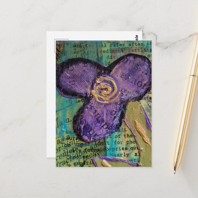 Carte Postale Cute Purple Mixed Media Flower (Devant/Arrière en situation)