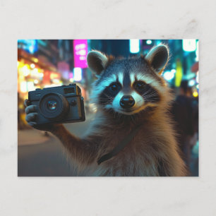 Carte Postale Cute Racoon avec caméra dans une grande ville