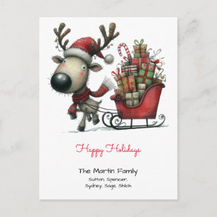 Carte Postale Cute Reindeer Pulling a Sleigh Happy Holidays
