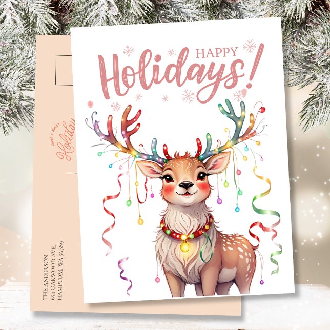 Carte Postale Cute renne aquarelle et lumières de Noël (Créateur téléchargé)