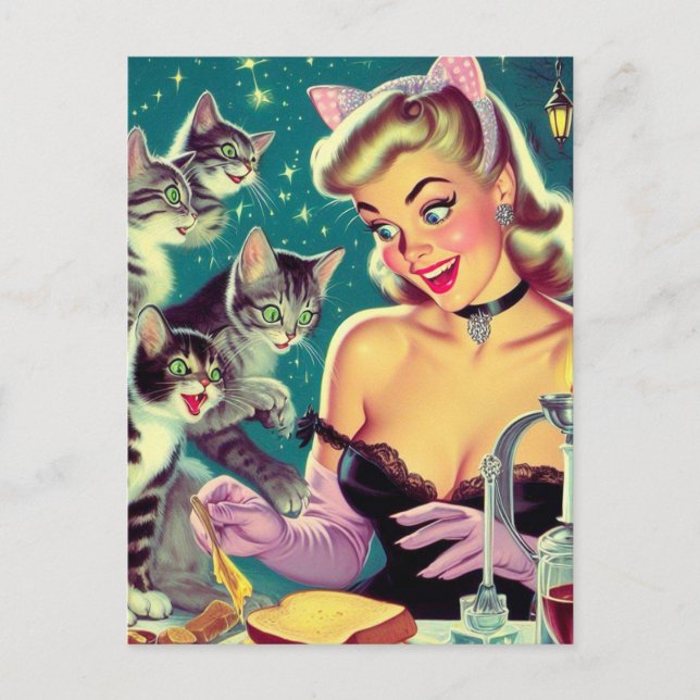 Carte Postale Cute Retro Pin-up de chat (Devant)