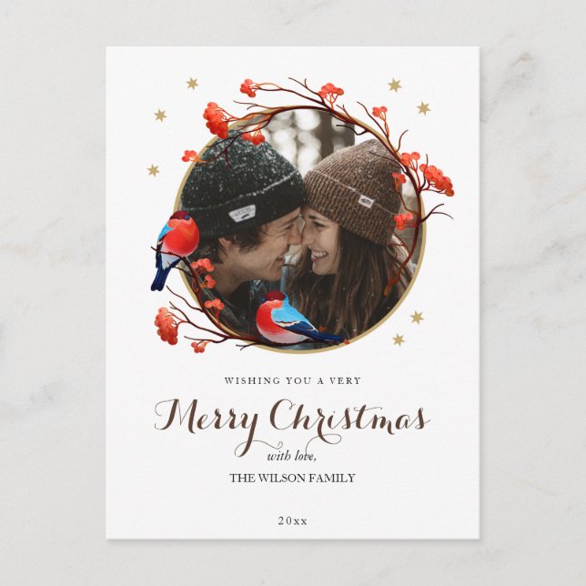 Carte Postale Cute Robin Birds Berries Wreath Photo de Noël (Devant)