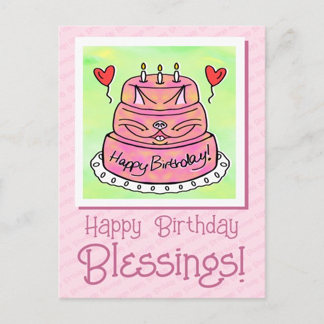 Carte Postale Cute Rose Cat Cake Heureux Bénédictions Anniversai (Devant)