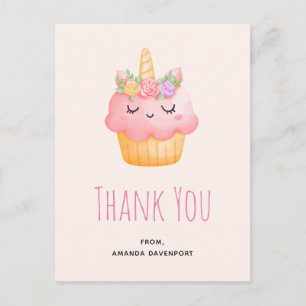 Carte Postale Cute rose Cupcake Unicorn avec Merci Rose
