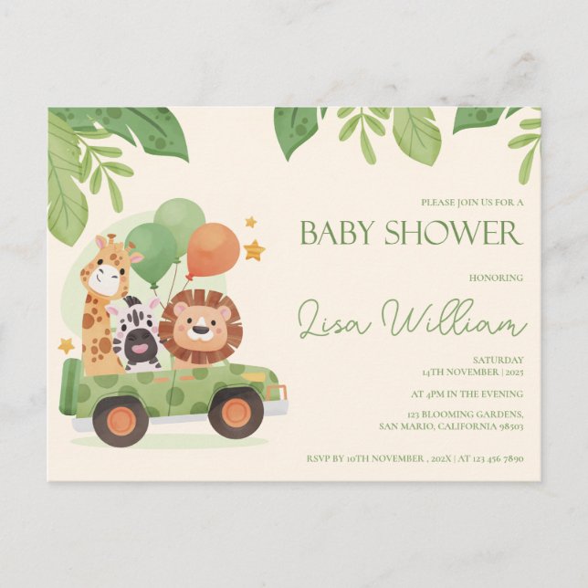 Carte Postale Cute Safari Animaux Baby showers Feuillus Invitati (Devant)