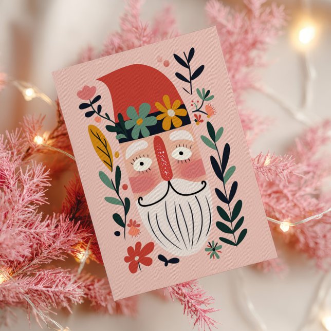 Carte Postale Cute Santa Claus Retro Floral Pink Merry Christmas (Créateur téléchargé)