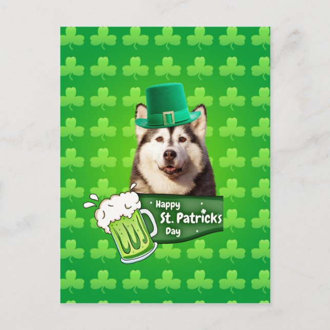 Carte Postale Cute Siberian Husky Chien Casquette St. Patrick's  (Devant)