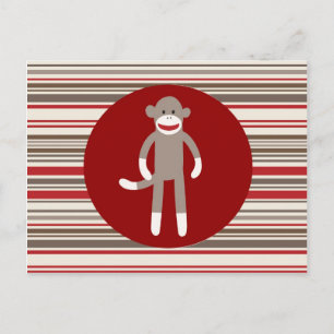 Carte Postale Cute Sock Monkey on Red Circle Red Brown Stripes