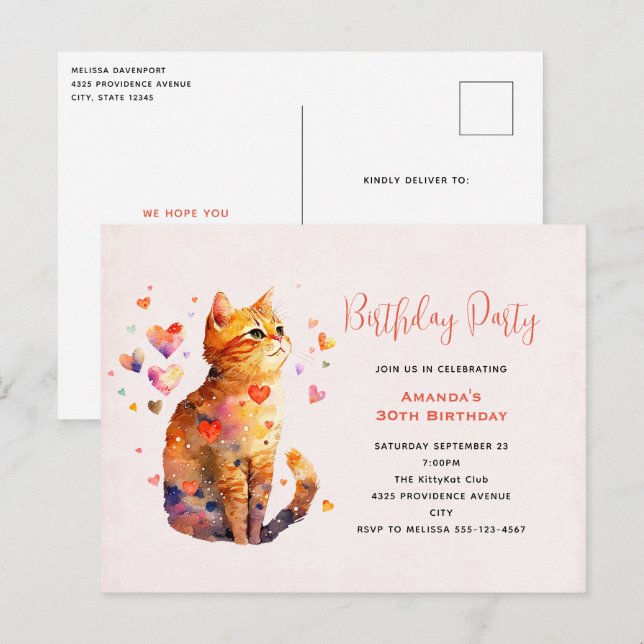 Carte Postale Cute Tabby Chat avec Coeurs Anniversaire Invitatio (Devant / Derrière)