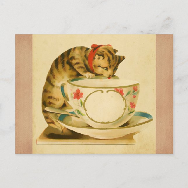 Carte Postale Cute Thé de chat Vintage (Devant)
