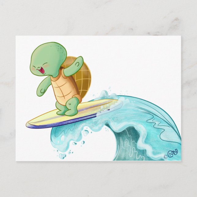 Carte postale Cute Turtle Surfing Kawaii (Devant)