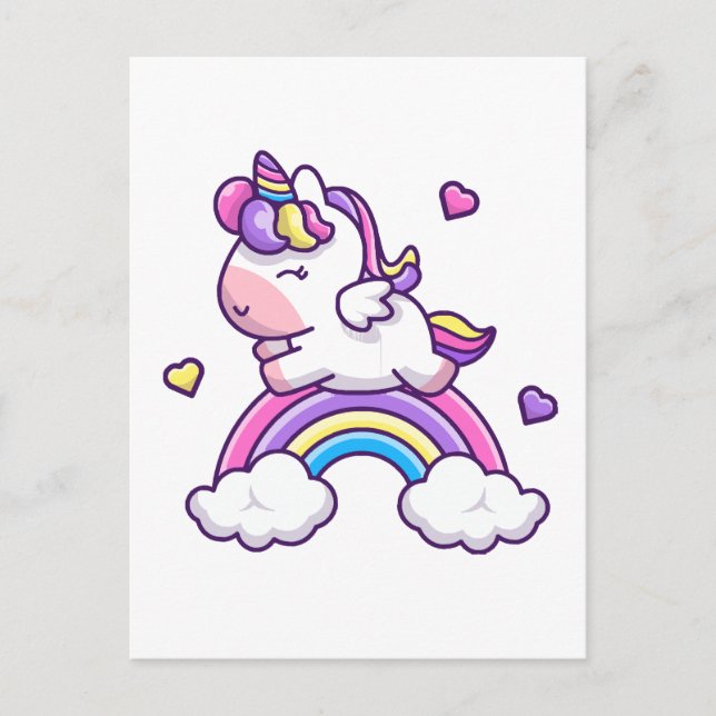 Carte Postale Cute Unicorn Avec Caricature Arc-En-Ciel (Devant)