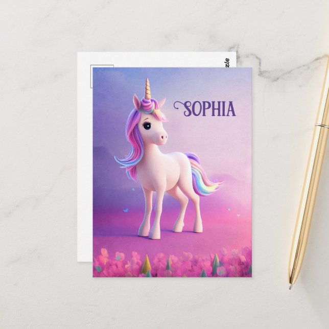 Carte Postale Cute Unicorne Blanche Avec Rose & Bleu Mane (Devant/Arrière en situation)