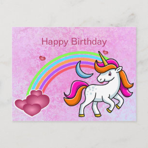 Carte Postale Cute, Unicorne colorée, Arc-en-ciel, Coeurs, Anniv