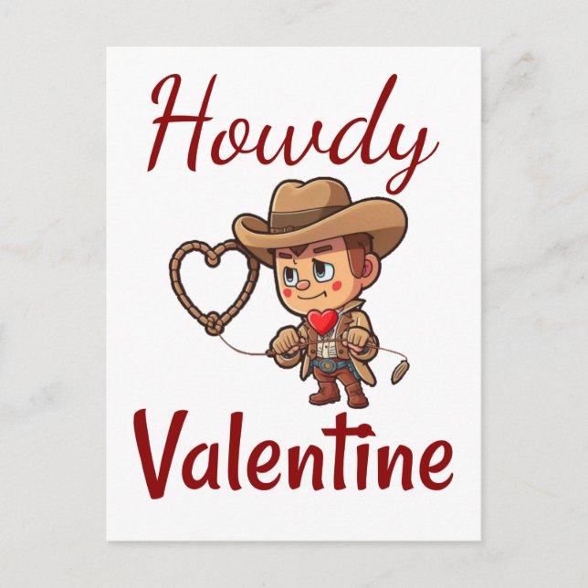 Carte Postale Cute Valentine's Day Cowboy "Howdy Valentine" (Devant)