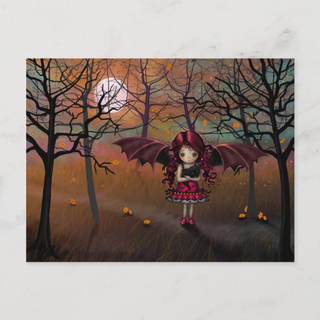 Carte Postale Cute Vampire d'automne et chat noir (Devant)
