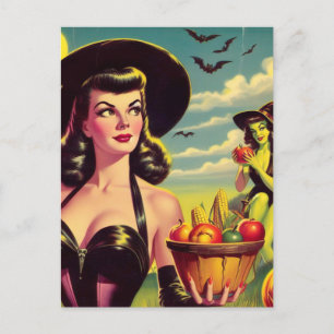 Carte Postale Cute Vintage Halloween sorcière Pin-up