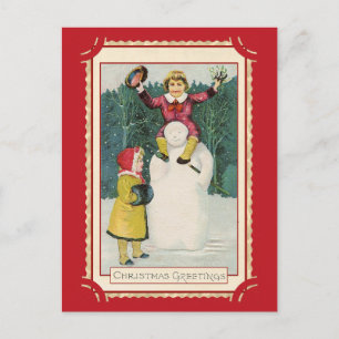 Carte Postale Cute Vintage Noël Salutations Enfants Snowman