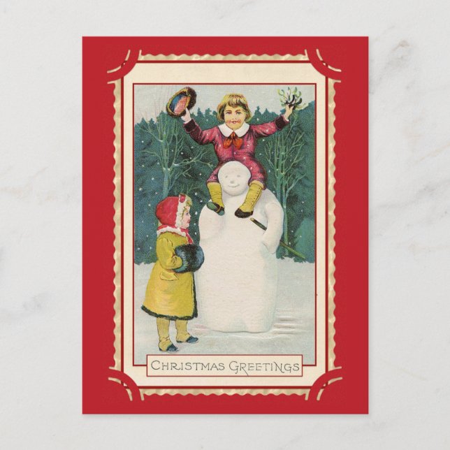 Carte Postale Cute Vintage Noël Salutations Enfants Snowman (Devant)
