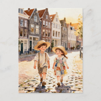 Carte Postale Cute Vintage Patchwork Children Dutch Folk Art