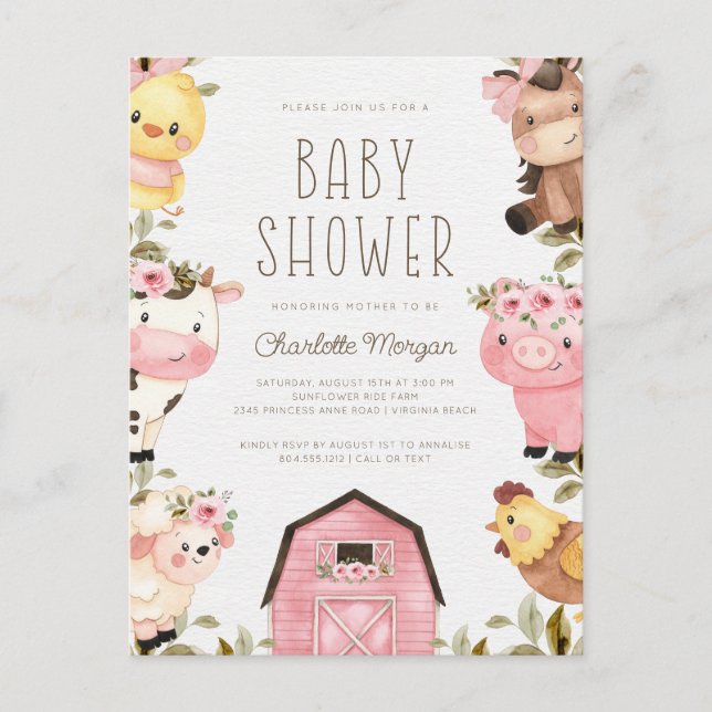 Carte Postale Cute Watercolor Animaux de ferme Barnyard Baby sho (Devant)
