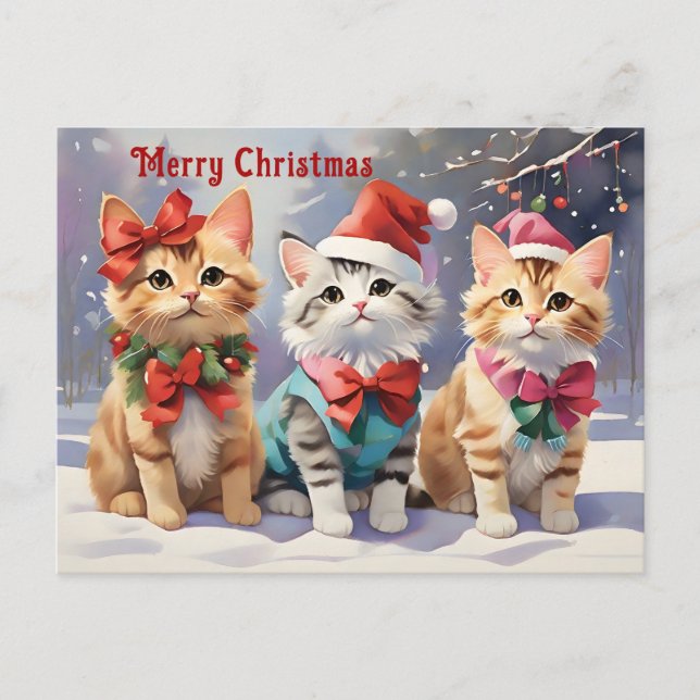 Carte Postale Cute Watercolor Chats Fête Noël (Devant)
