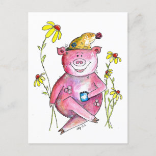 Carte Postale Cute Whimsical Cochon Boire Café