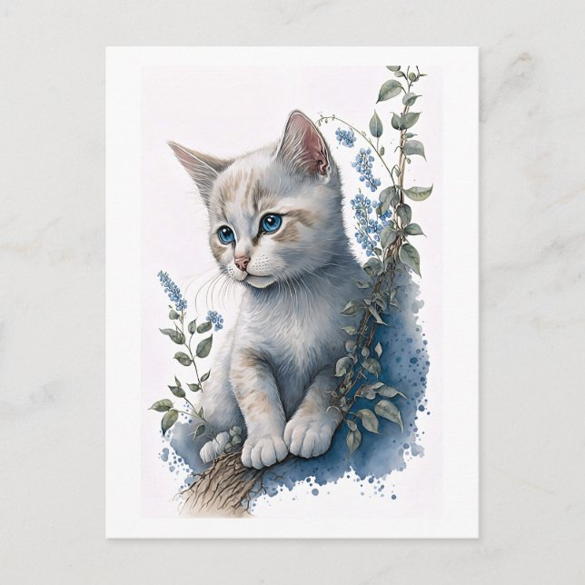 Carte postale Cute White Kitten avec détails flora (Devant)