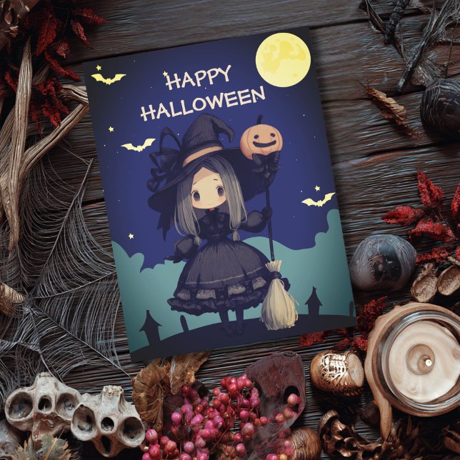 Carte Postale Cute Witch Girl her Broom & Pumpkin Kids Halloween (Créateur téléchargé)