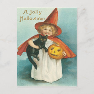 Carte Postale Cute Witch With Cat Vintage