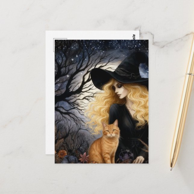 Carte Postale Cute Witch With Her Ginger Kitty (Devant/Arrière en situation)