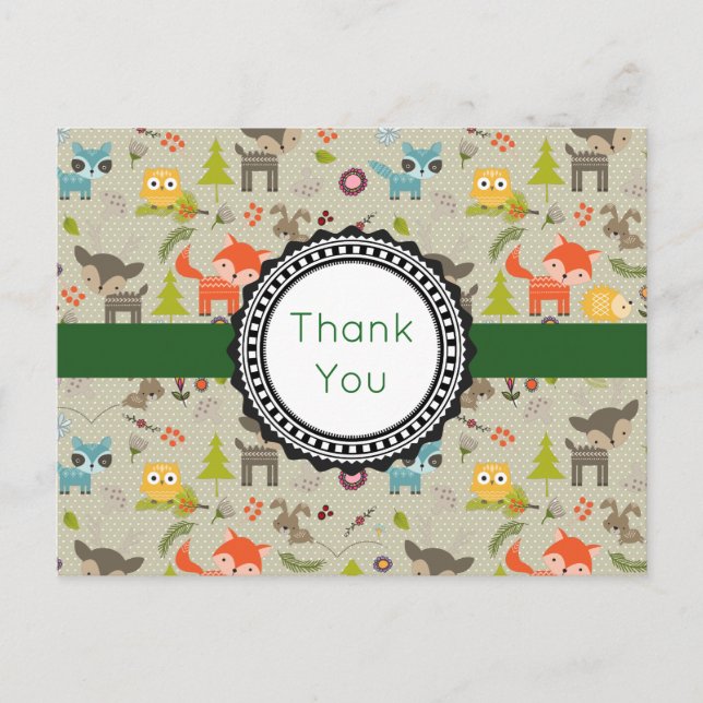 Carte Postale Cute Woodland Animaux & Fleurs Motif Merci (Devant)
