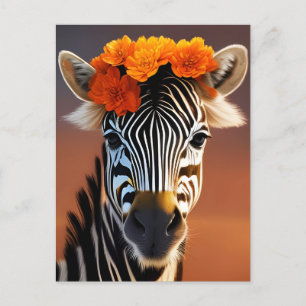 Carte Postale Cute Zebra portant des fleurs orange