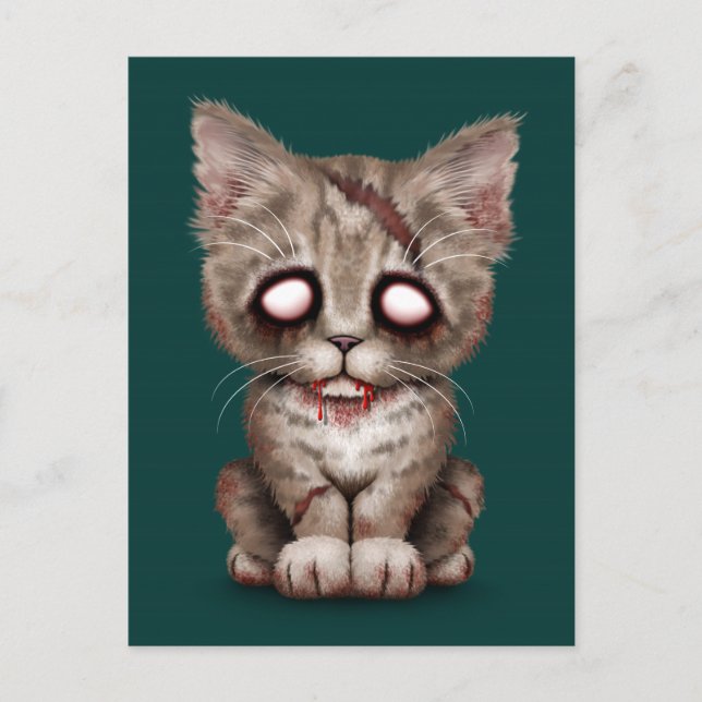 Carte Postale Cute Zombie Kitten Chat sur bleu Turquoise (Devant)