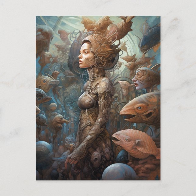 Carte Postale Cyborg Femme Entourée De Créatures (Devant)