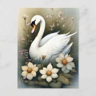 Carte Postale Cygne aux fleurs