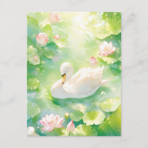 Carte Postale Cygne blanc élégant dans un étang de lotus lumineu