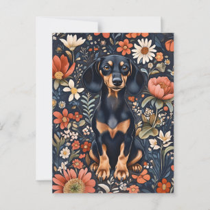 Carte Postale Dachshund Adorable Entouré De Fleurs Vibrantes