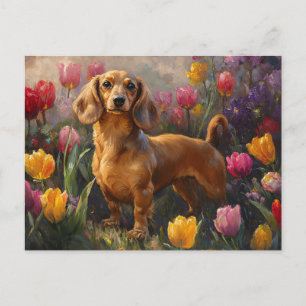 Carte Postale Dachshund avec peinture des tulipes de printemps